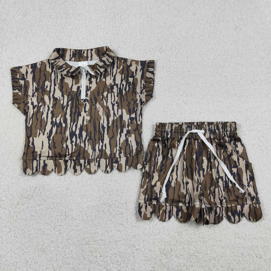 GSSO3563 Camo Zipper Top Pockets Shorts Girls Summer Scallop Clothes Set