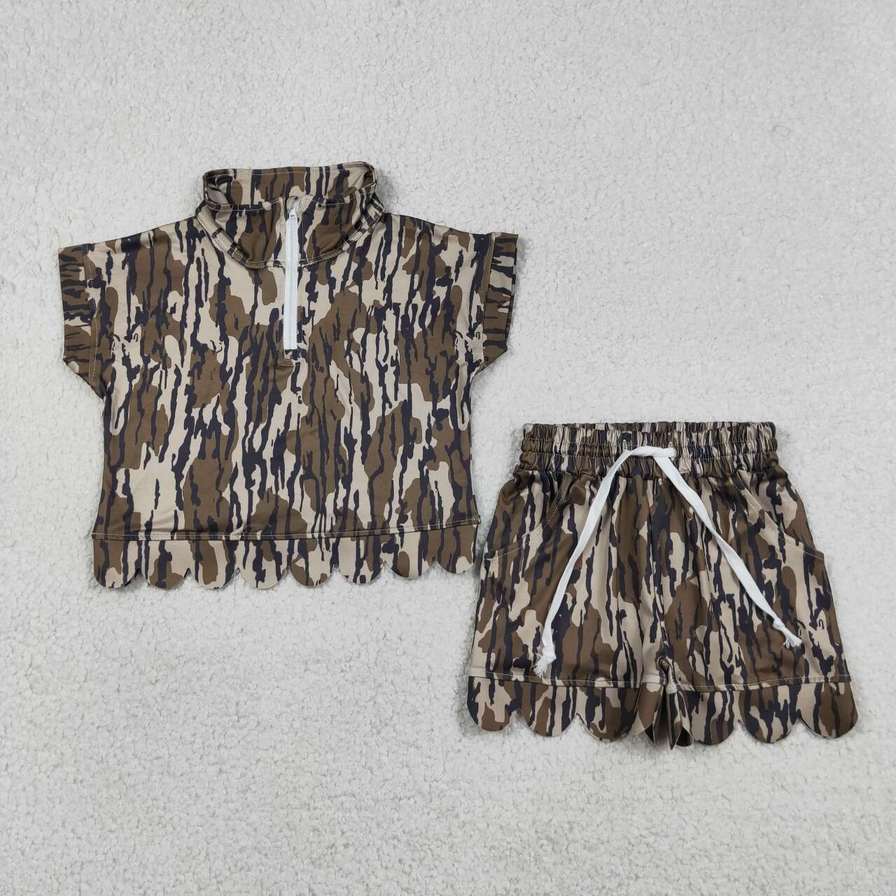 2 Colors Camo Zipper Top Pockets Shorts Girls Summer Scallop Clothes Set Sisters Wear