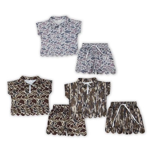 3 Colors Camo Zipper Top Pockets Shorts Girls Summer Scallop Clothes Set Sisters Wear