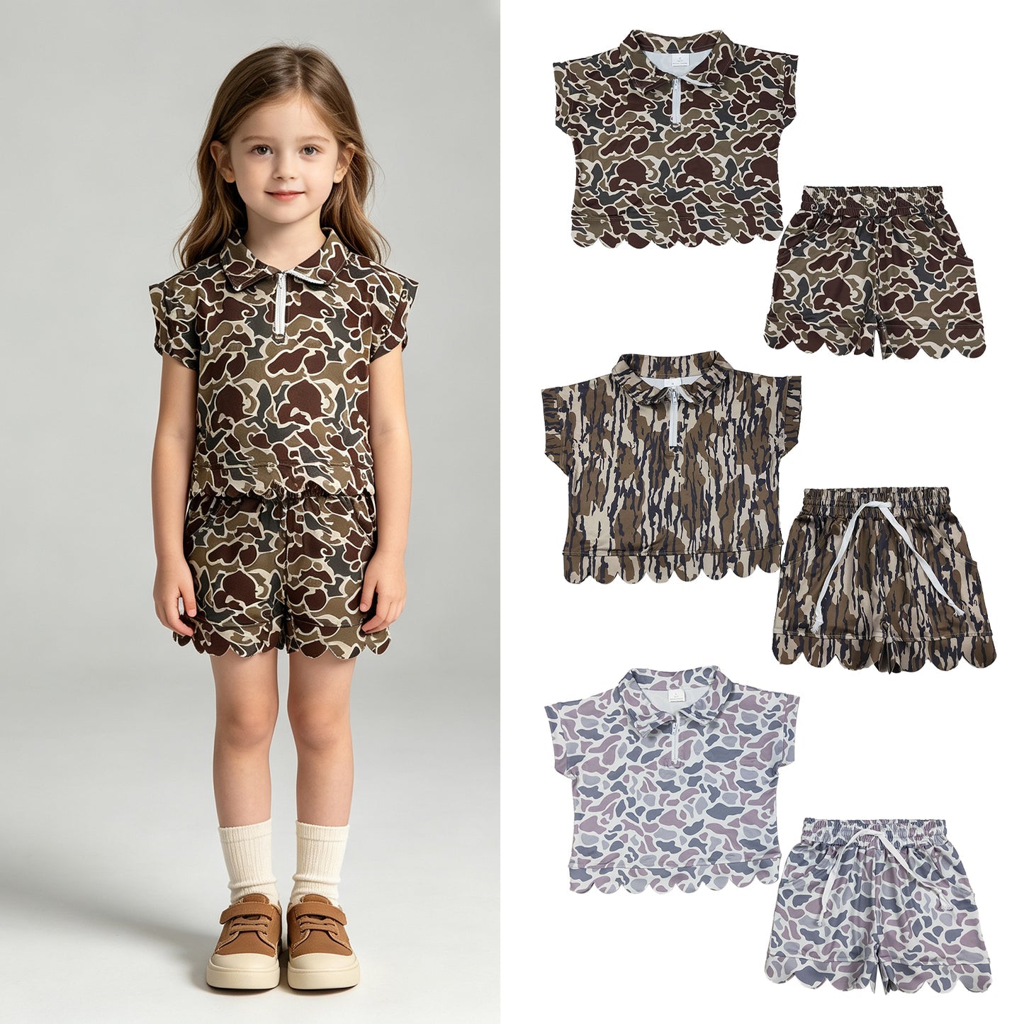 3 Colors Camo Zipper Top Pockets Shorts Girls Summer Scallop Clothes Set Sisters Wear