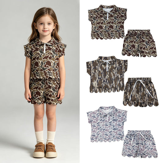 3 Colors Camo Zipper Top Pockets Shorts Girls Summer Scallop Clothes Set Sisters Wear