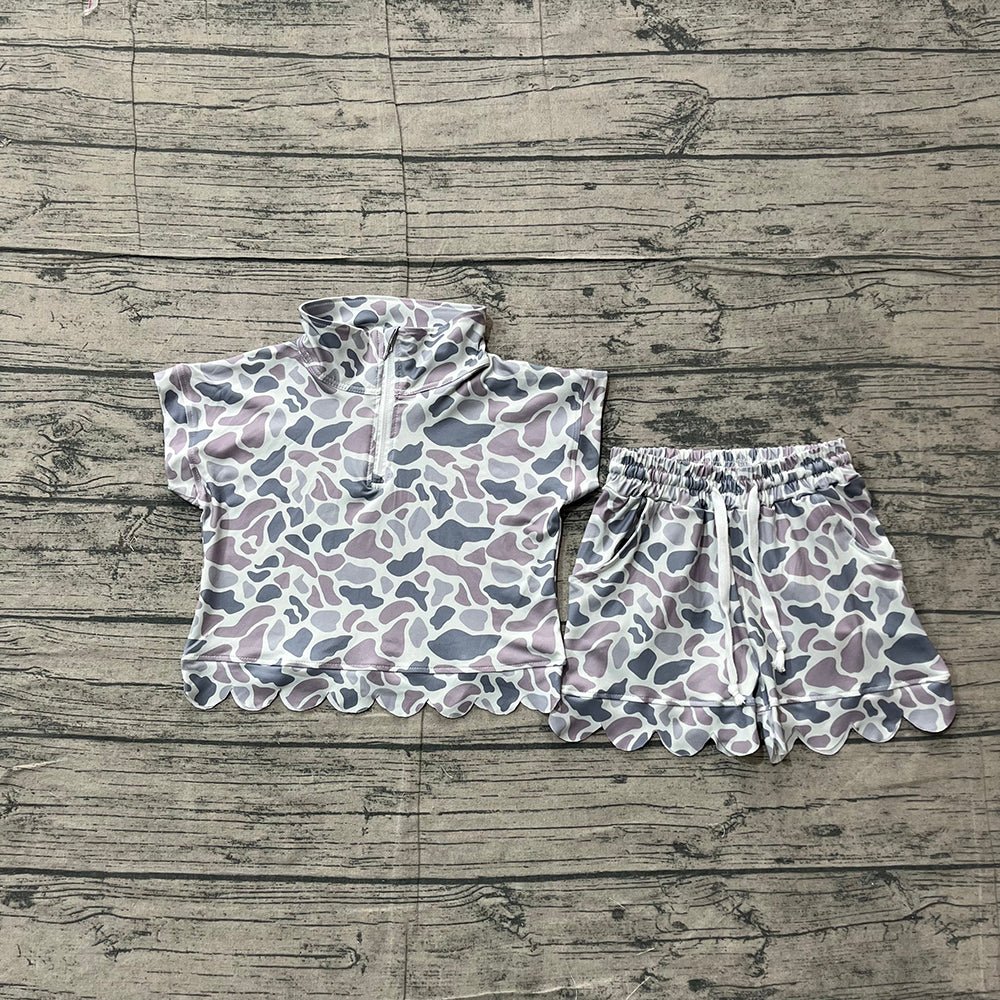 GSSO3564 Grey Camo Zipper Top Pockets Shorts Girls Summer Scallop Clothes Set