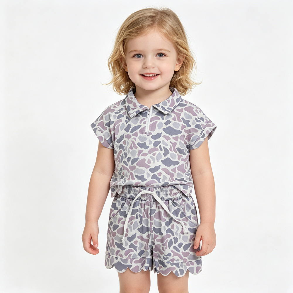 GSSO3564 Grey Camo Zipper Top Pockets Shorts Girls Summer Scallop Clothes Set