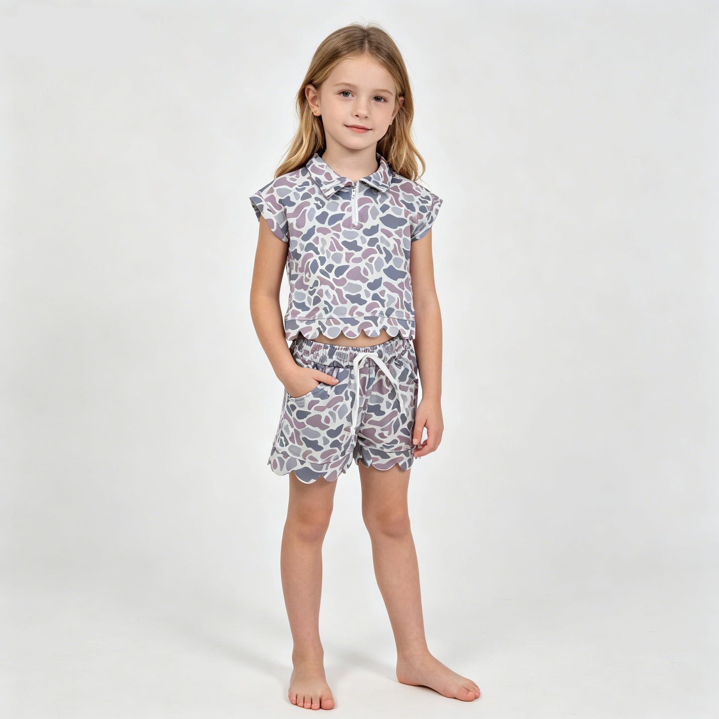 2 Colors Camo Zipper Top Pockets Shorts Girls Summer Scallop Clothes Set Sisters Wear