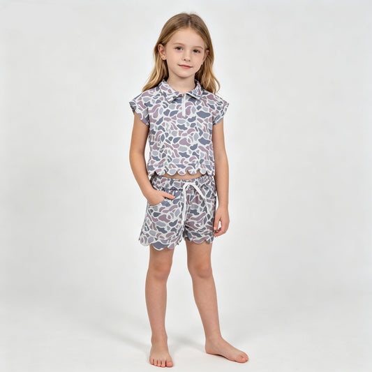 GSSO3564 Grey Camo Zipper Top Pockets Shorts Girls Summer Scallop Clothes Set
