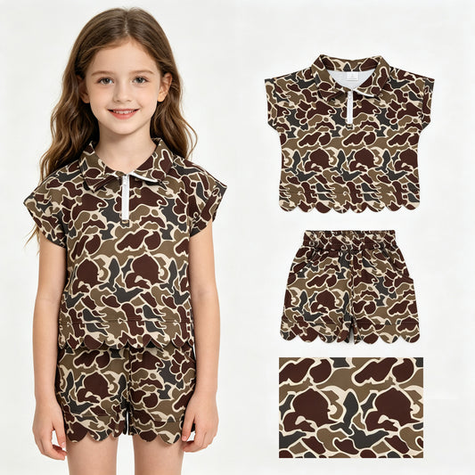 GSSO3569 Dark Brown Camo Zipper Top Pockets Shorts Girls Summer Scallop Clothes Set