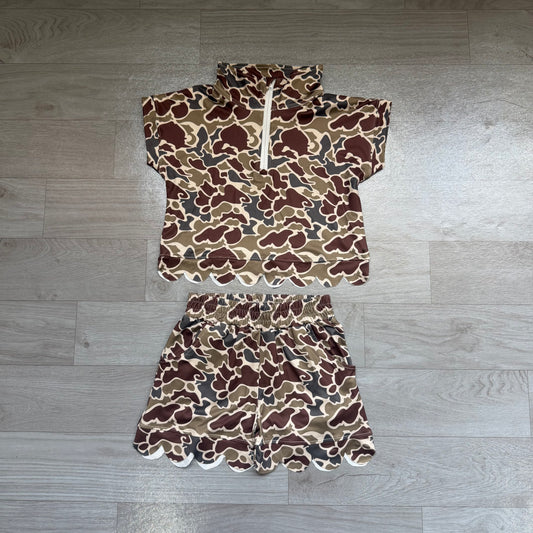 GSSO3569 Baby Girls Southern Dark Khaki Camo Zipper Top Scallop Short Clothes Sets Preorder
