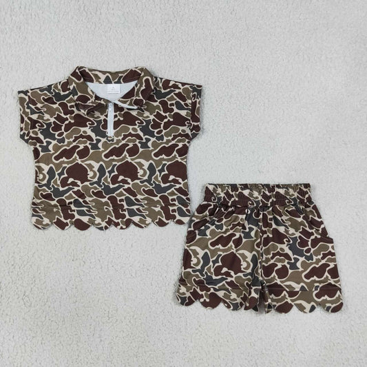 GSSO3569 Dark Brown Camo Zipper Top Pockets Shorts Girls Summer Scallop Clothes Set