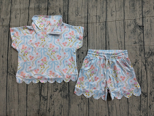 Preorder GSSO3575  Flowers Zipper Top Pockets Shorts Girls Summer Scallop Clothes Set
