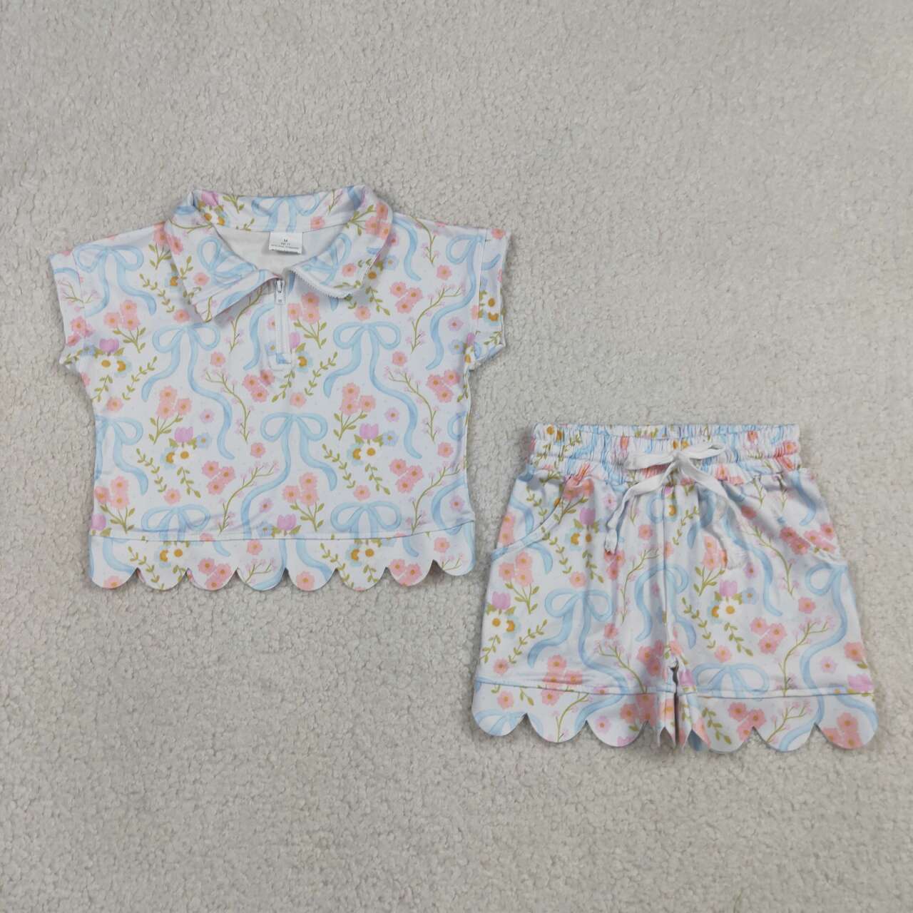 GSSO3575  Flowers Bows Zipper Top Pockets Shorts Girls Summer Scallop Clothes Set