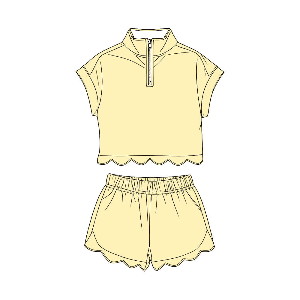 3.13 GSSO3594 Preorder Yellow Cotton Zipper Top Shorts Girls Summer Scallop Clothes Set