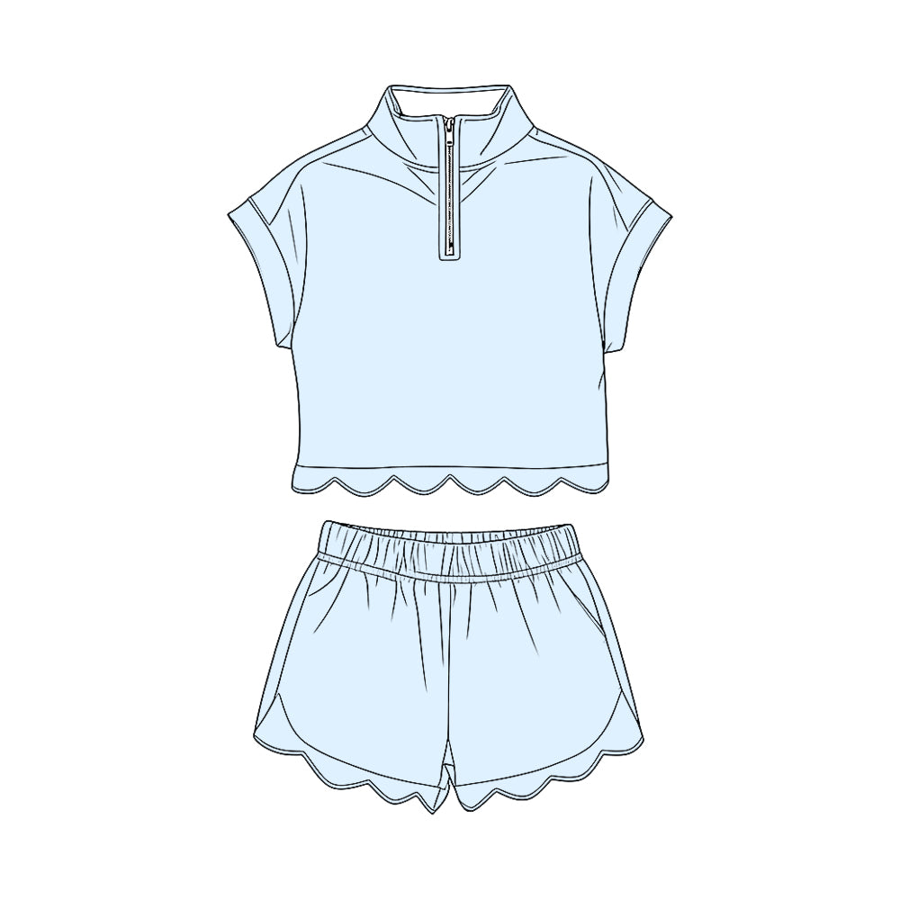 3.13 GSSO3595 Preorder Light Blue Cotton Zipper Top Shorts Girls Summer Scallop Clothes Set
