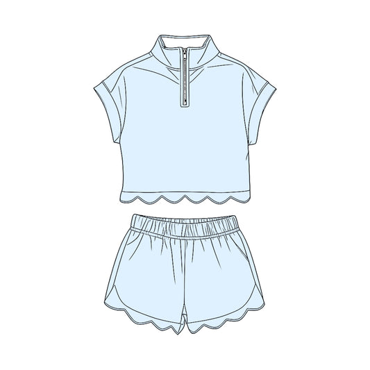 3.13 GSSO3595 Preorder Light Blue Cotton Zipper Top Shorts Girls Summer Scallop Clothes Set