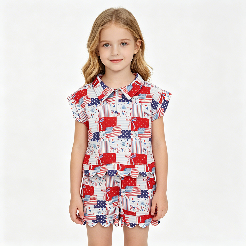 GSSO3599 Flag Bows Plaid Zipper Top Pockets Shorts Girls 4th of July Scallop Clothes Set
