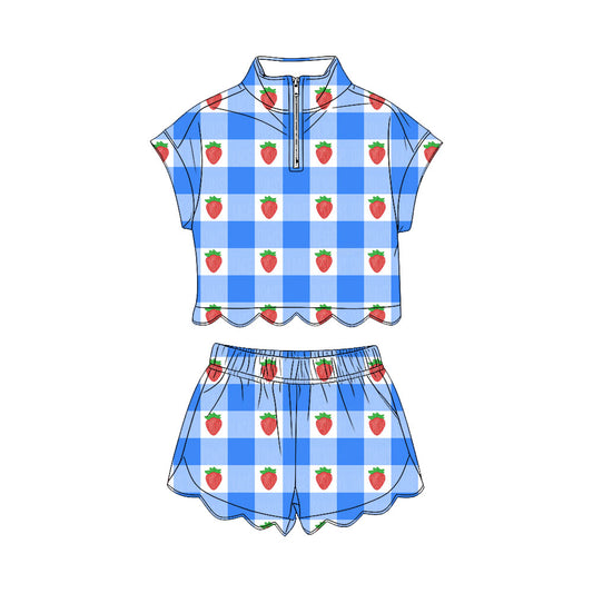 3.17 GSSO3600 Preorder Strawberry Blue Plaid Zipper Top Shorts Girls 4th of July Scallop Clothes Set