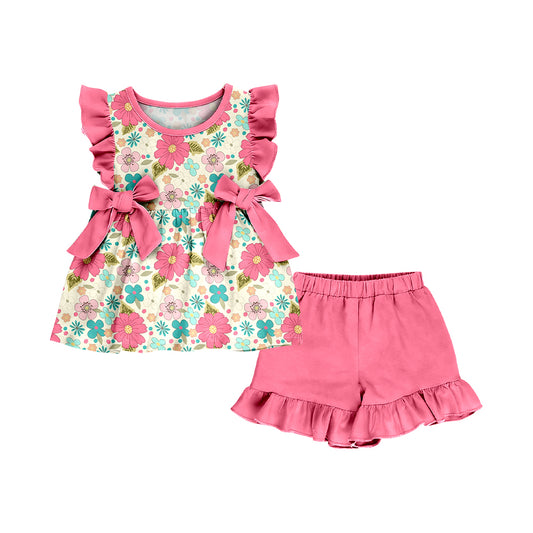 3.17 GSSO3601 Preorder Colorful Flowers Tunic Top Pink Shorts Girls Summer Clothes Set
