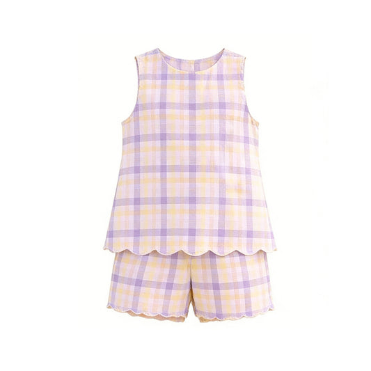 3.20 GSSO3608 Preorder Purple Yellow Plaid Sleeveless Top Shorts Girls Summer Scallop Clothes Set