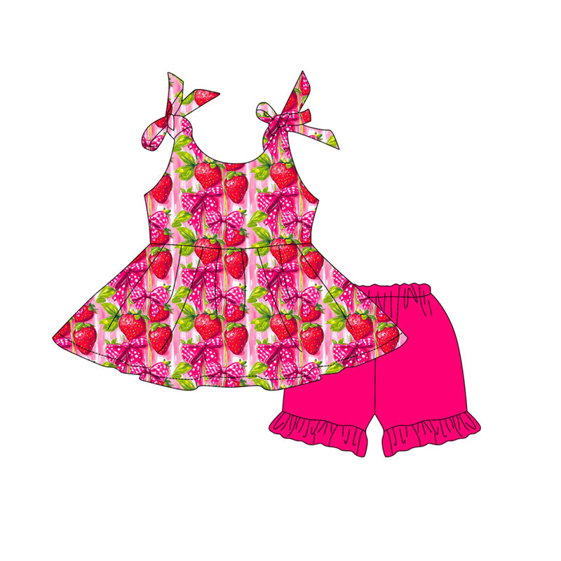 3.20 GSSO3609 Preorder Strawberry Bows Tunic Top Hot Pink Shorts Girls Summer Clothes Set