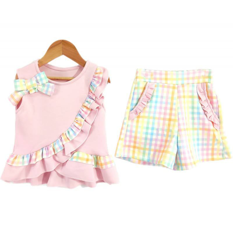 3.21 GSSO3618 Preorder Pink Ruffle Top Colorful Plaid Shorts Girls Summer Clothes Set