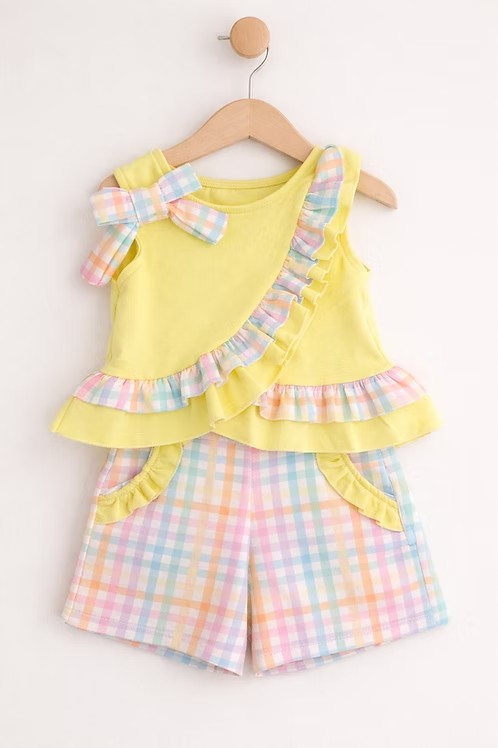 3.21 GSSO3619 Preorder Yellow Ruffle Top Colorful Plaid Shorts Girls Summer Clothes Set