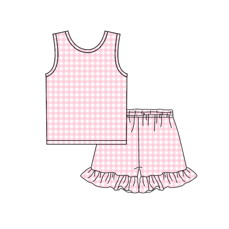3.21 GSSO3625 Preorder Pink Plaid Sleeveless Top Ruffle Shorts Girls Summer Clothes Set