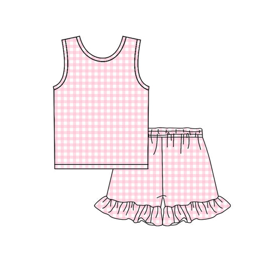 3.21 GSSO3625 Preorder Pink Plaid Sleeveless Top Ruffle Shorts Girls Summer Clothes Set