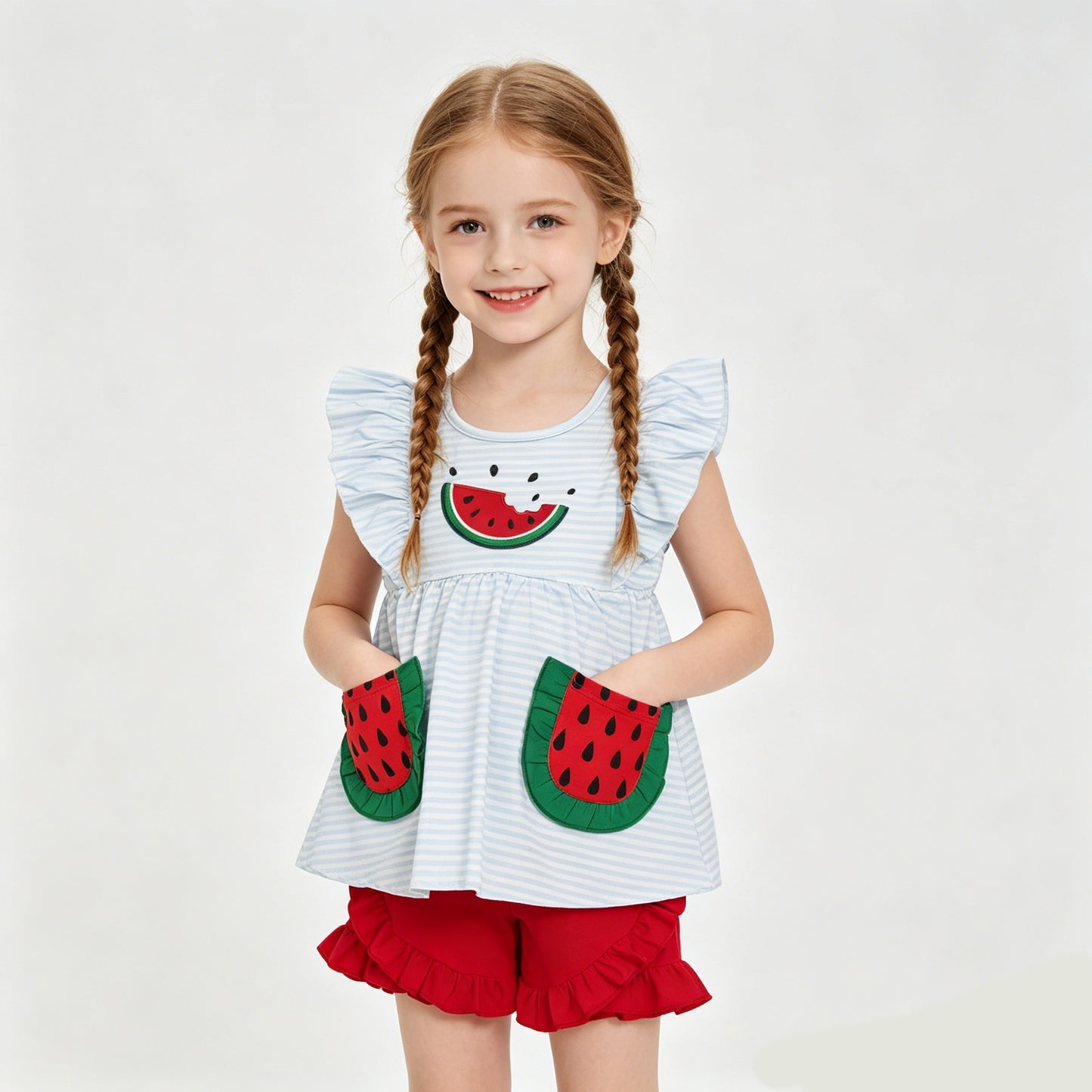 Watermelon Embroidery Blue Stripes Baby Girls Pockets Romper Outfits Sisters Summer Wear