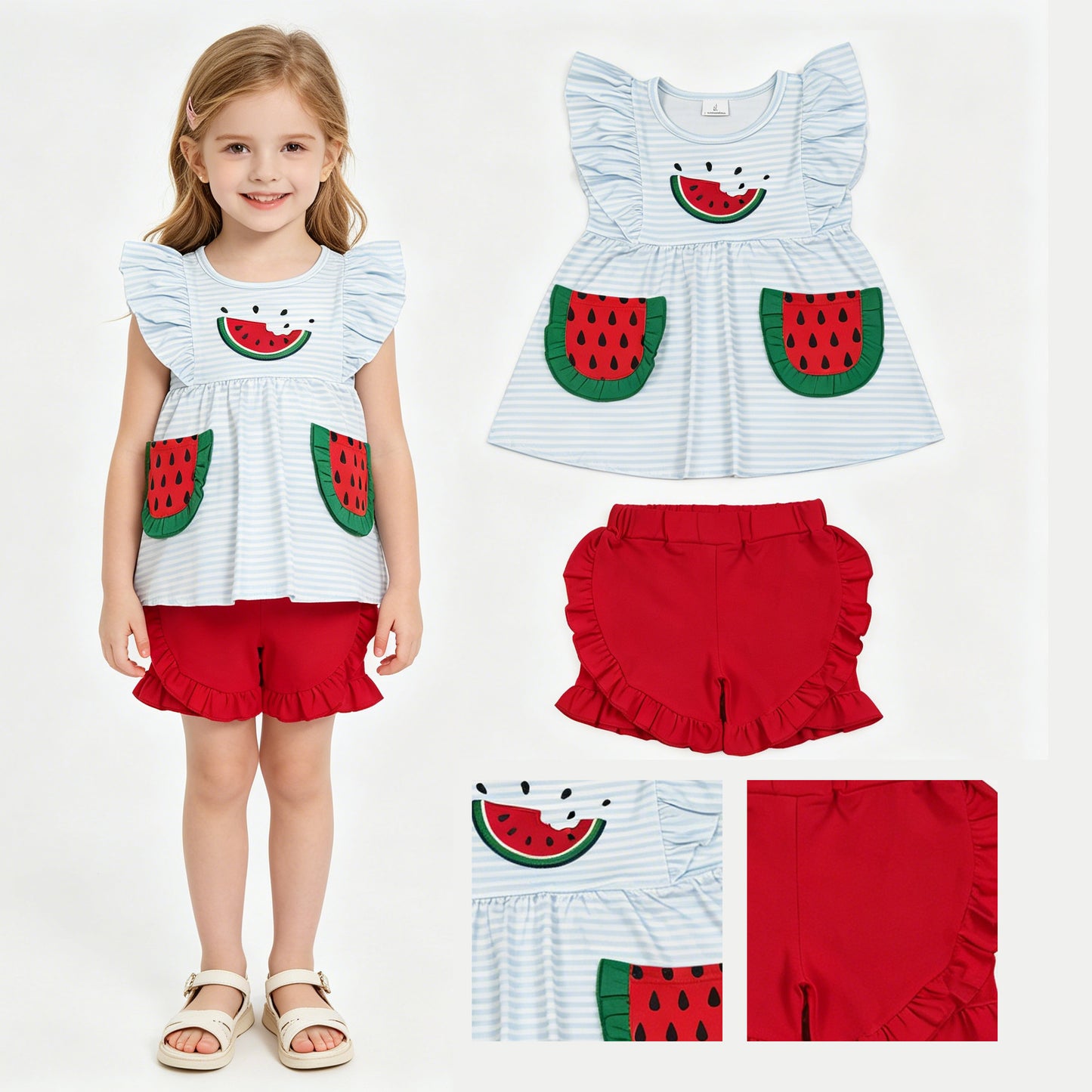 Watermelon Embroidery Blue Stripes Baby Girls Pockets Romper Outfits Sisters Summer Wear