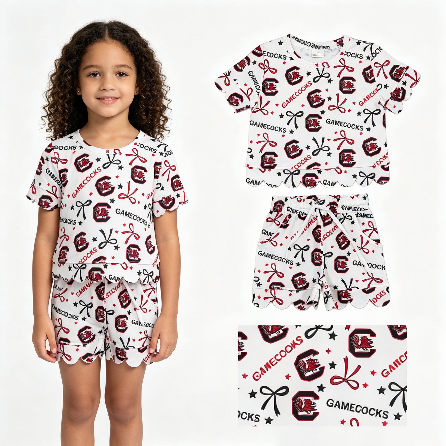 GSSO3641 Teams Gamecocks Star & Bows Scallop Edge Shorts Girls Summer Clothes Set