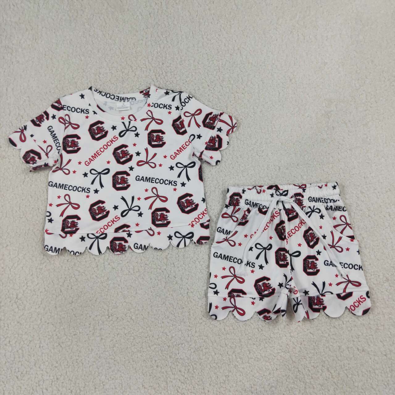 GSSO3641 Teams Gamecocks Star & Bows Scallop Edge Shorts Girls Summer Clothes Set