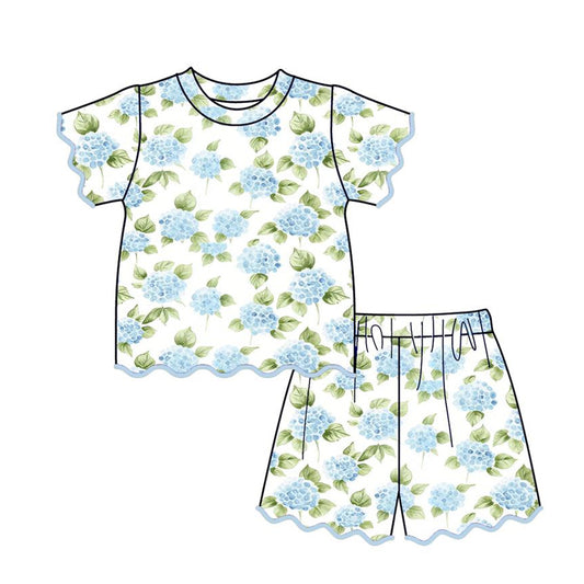 3.25 Baby Girls Blue Flowers Top Short Scallop Clothes Sets Preorder