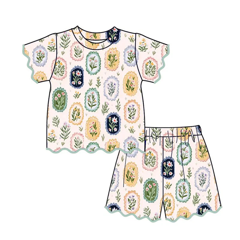 3.26 Baby Girls Colorful Flowers Top Short Scallop Clothes Sets Preorder