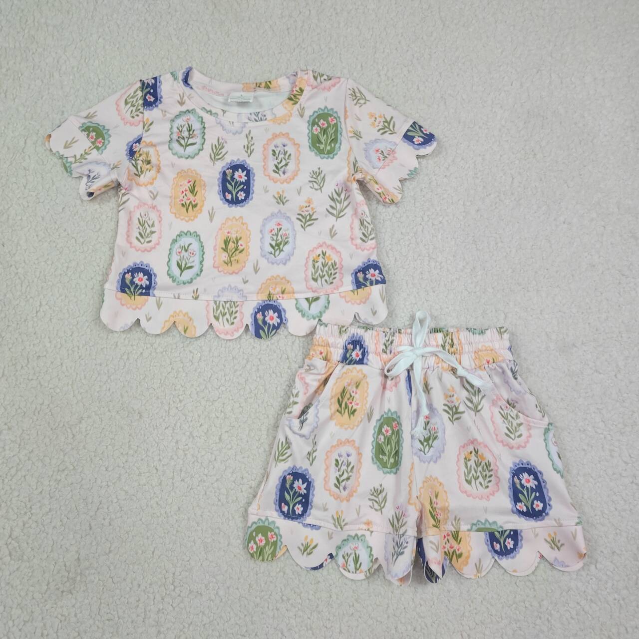 GSSO3643 Colorful Flowers Print Pockets Shorts Girls Summer Scallop Clothes Set