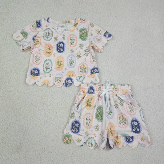 GSSO3643 Colorful Flowers Print Pockets Shorts Girls Summer Scallop Clothes Set