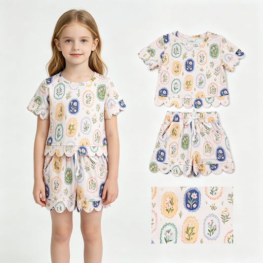 GSSO3643 Colorful Flowers Print Pockets Shorts Girls Summer Scallop Clothes Set