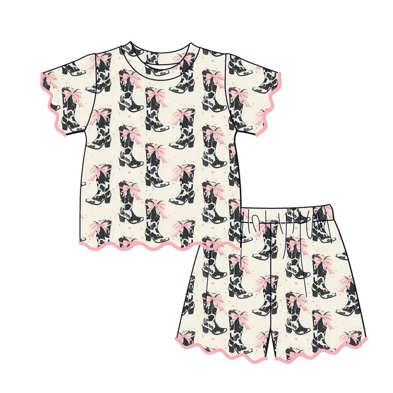 3.26 Baby Girls Bows Boots Top Short Scallop Western Clothes Sets Preorder