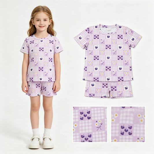 GSSO3647 Small Flowers Purple Plaid Print Girls Summer Clothes Set