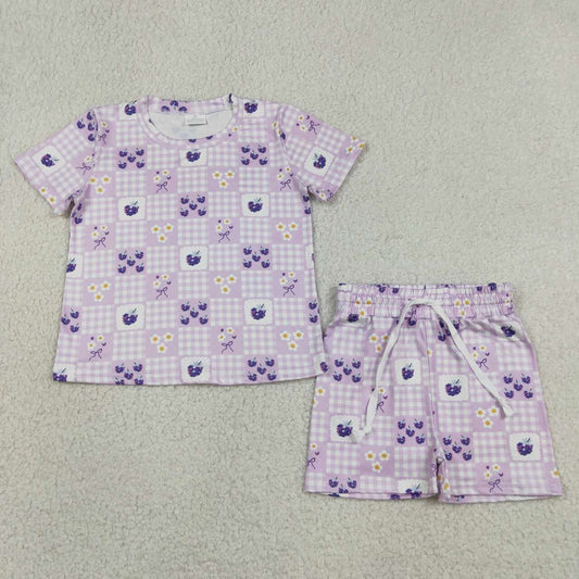 GSSO3647 Small Flowers Purple Plaid Print Girls Summer Clothes Set