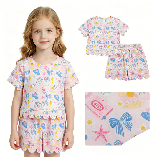 Girls’ Pink Scallop Short Sleeve Top & Shorts Set – Fruit Basket, Anchors & Summer Print