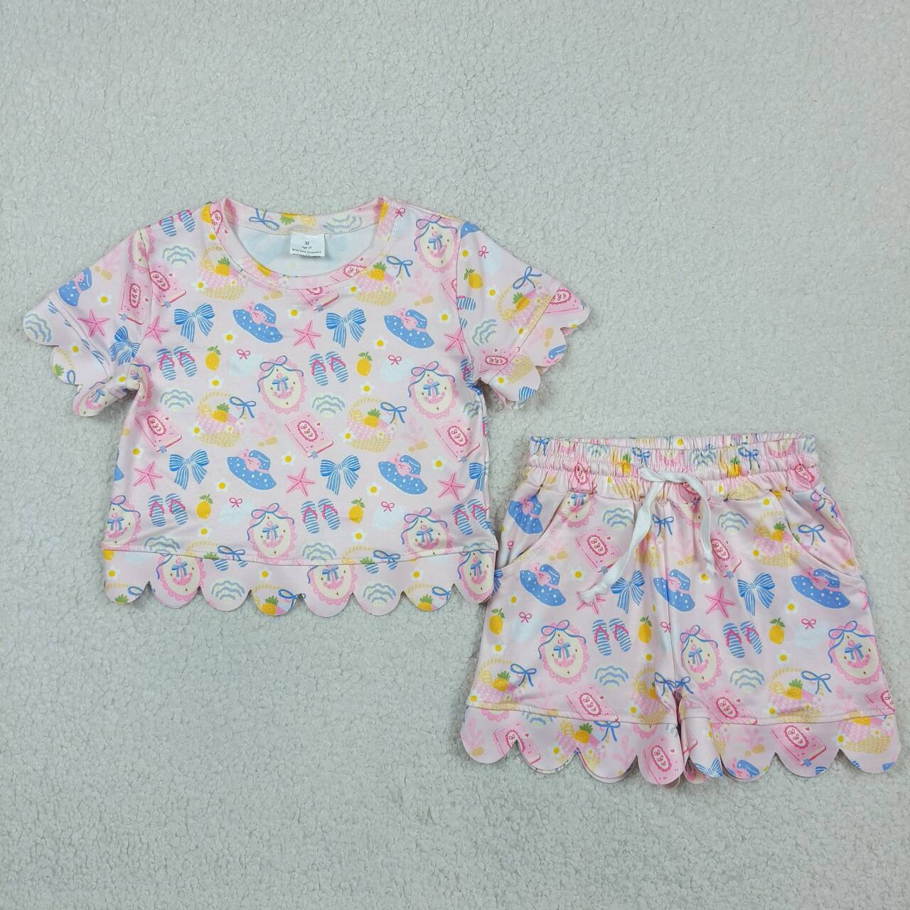 Girls’ Pink Scallop Short Sleeve Top & Shorts Set – Fruit Basket, Anchors & Summer Print