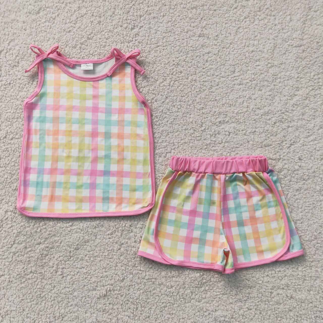 GSSO3659 Colorful Checkerd Sleeveless Top Shorts Girls Summer Clothes Set