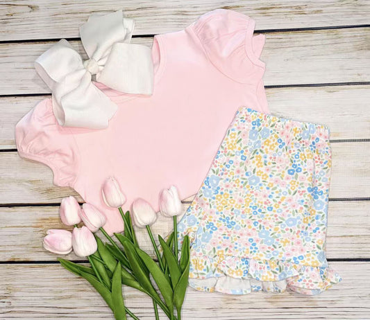 3.28 Girls Pink Puff Sleeve Top & Floral Ruffle Shorts Set Preorder