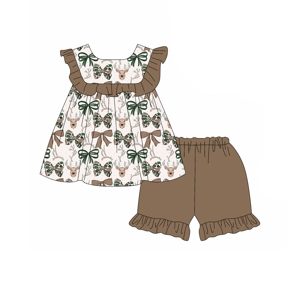 3.28 Baby Girls Camo Bow Deer Tunic Top with Ruffle Shorts Outfit Preorder