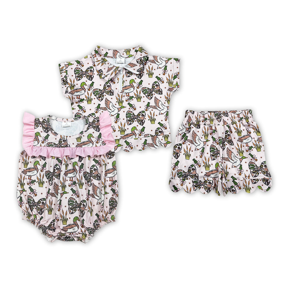 Duck & Bow Print Girls Summer Outfits Baby Girls Romper Sisters Matching Wear