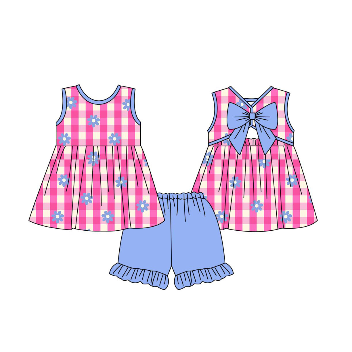 3.28 Baby Girl Pink Gingham Floral  Sleeveless Bow Top & Ruffle  Shorts Set