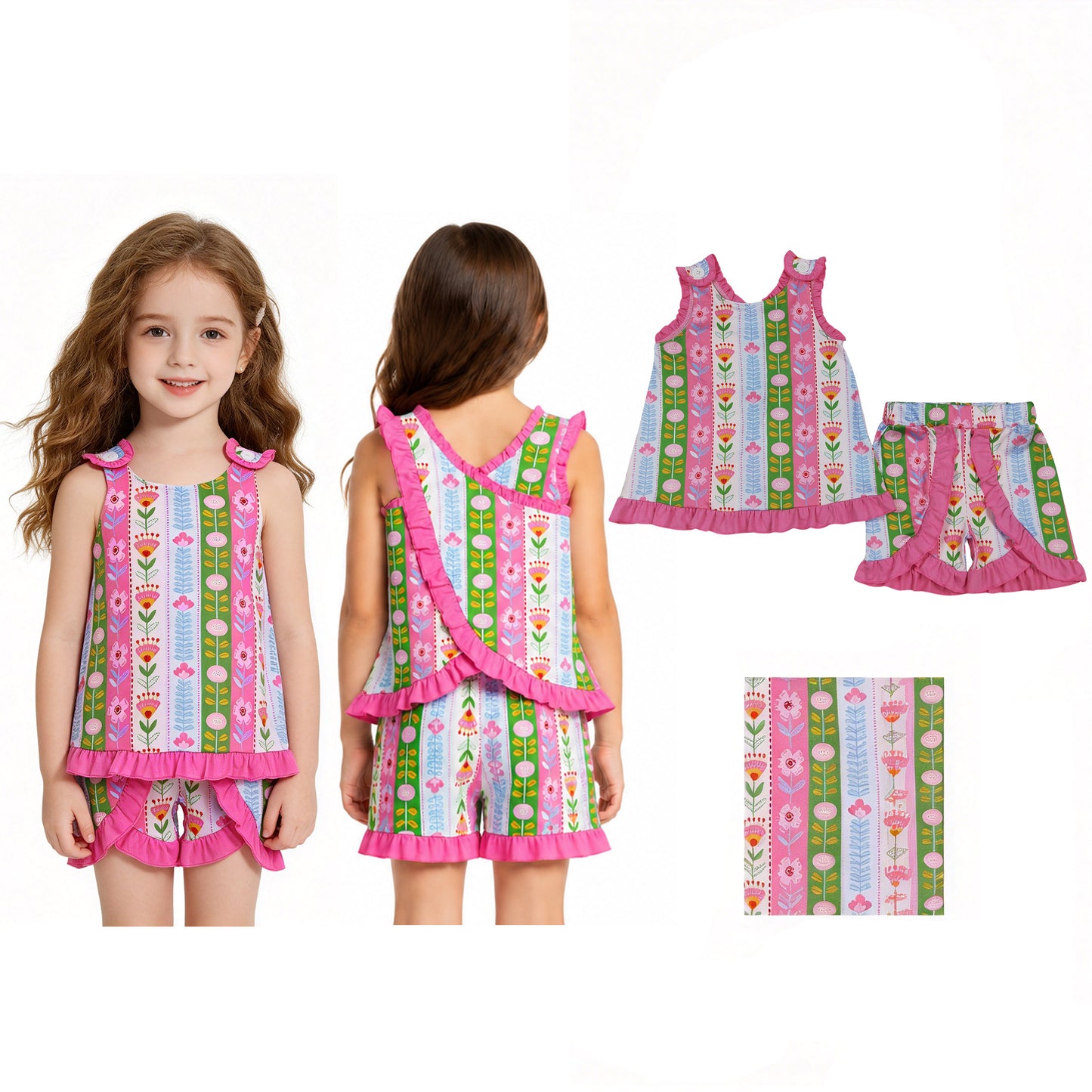 GSSO3676 Flowers Backless Button Top Ruffle Shorts Girls Summer Clothes Set
