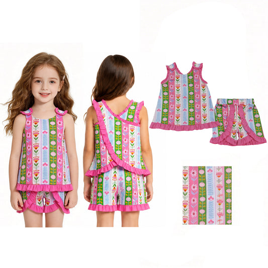 GSSO3676 Flowers Backless Button Top Ruffle Shorts Girls Summer Clothes Set