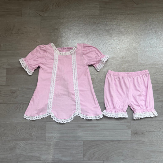 GSSO3681 Toddler Girls Lavender Lace Trim 2-Piece Outfit | Puff Sleeve Top & Bloomer Shorts Set