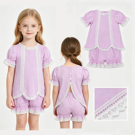 GSSO3681 Lavender Cotton Lace Trim 2-Piece Outfits | Puff Sleeve Backless Top & Bloomer Shorts Baby Girls Summer Clothes Set