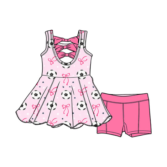 4.6 Girls Pink Soccer Print 2-Piece Outfit, Kids Bow Back Tunic with Shorts Preorder